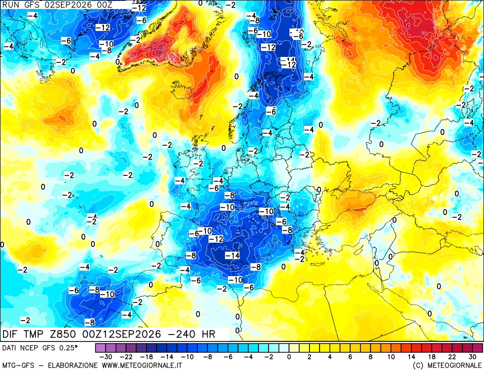 mappa Dif. Temp a 850 hPa Valid - Init
