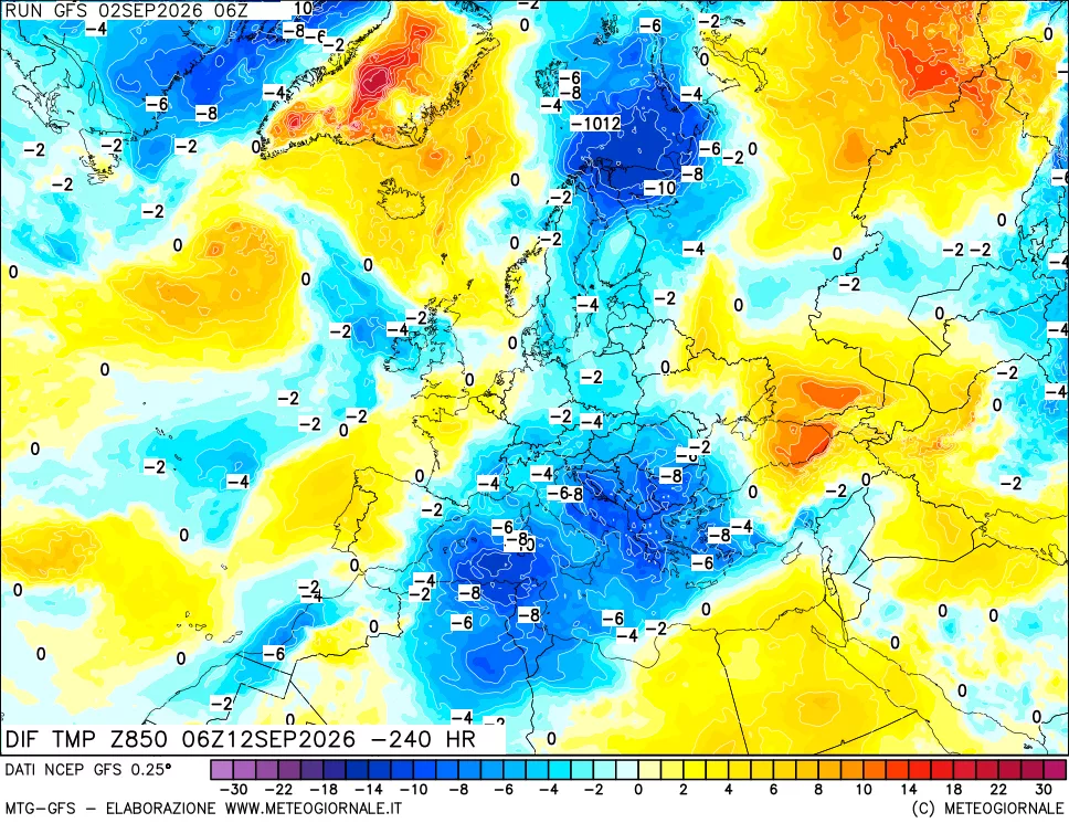 mappa Dif. Temp a 850 hPa Valid - Init