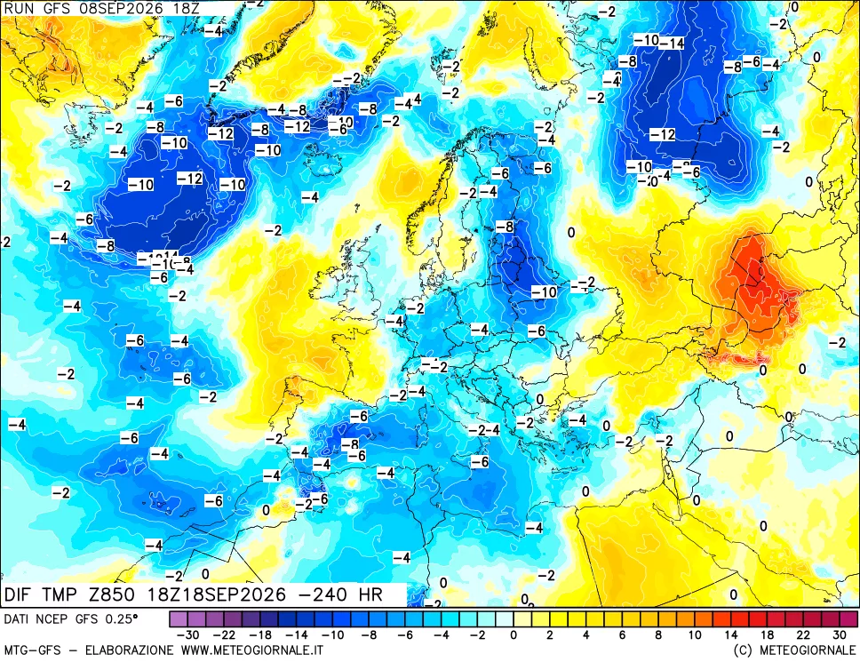mappa Dif. Temp a 850 hPa Valid - Init