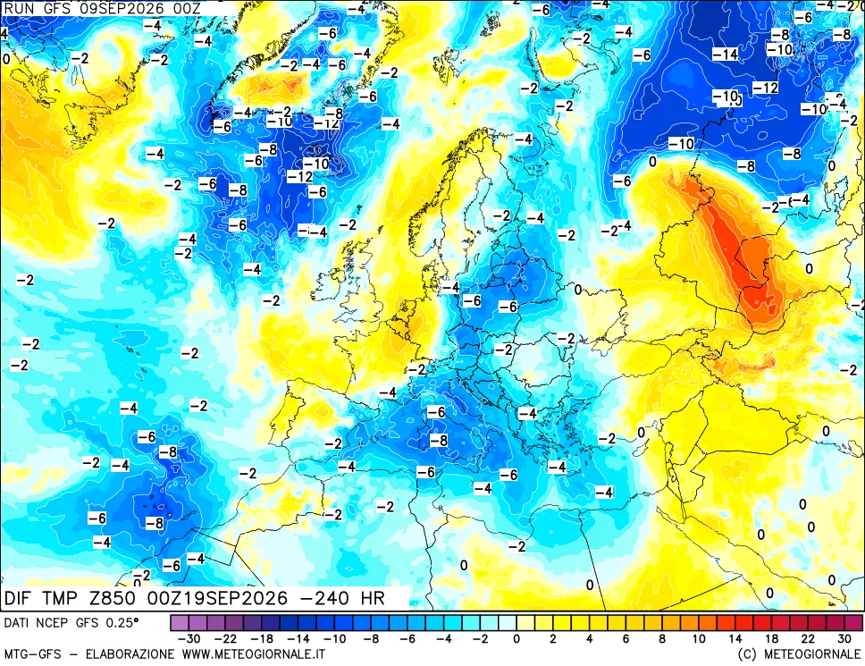 mappa Dif. Temp a 850 hPa Valid - Init