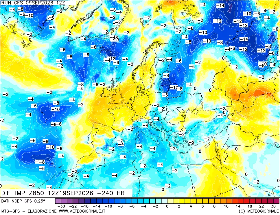 mappa Dif. Temp a 850 hPa Valid - Init
