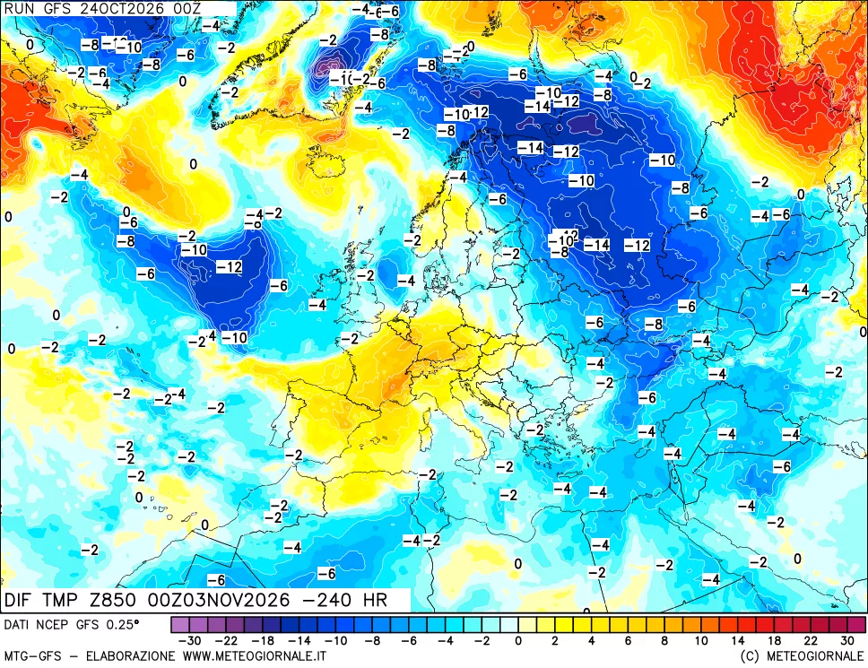 mappa Dif. Temp a 850 hPa Valid - Init