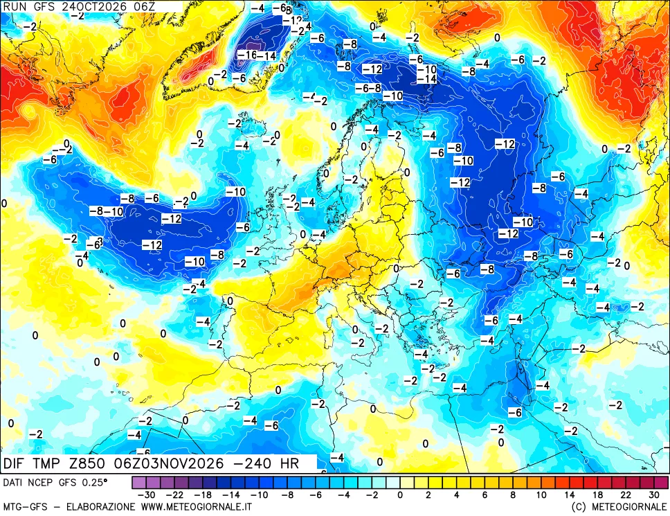 mappa Dif. Temp a 850 hPa Valid - Init