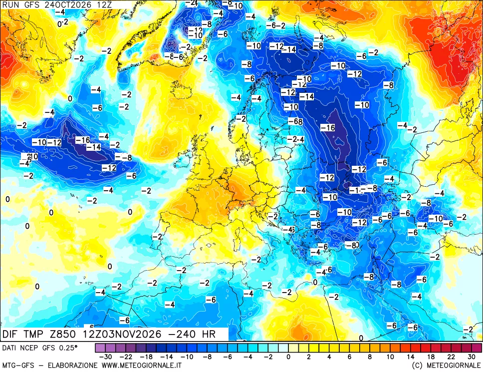 mappa Dif. Temp a 850 hPa Valid - Init