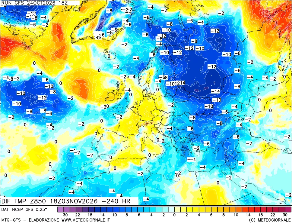 mappa Dif. Temp a 850 hPa Valid - Init