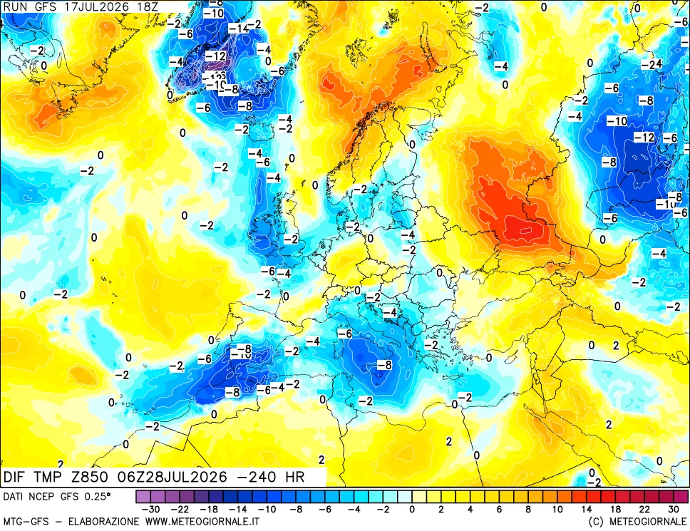 mappa Dif. Temp a 850 hPa Valid - Init