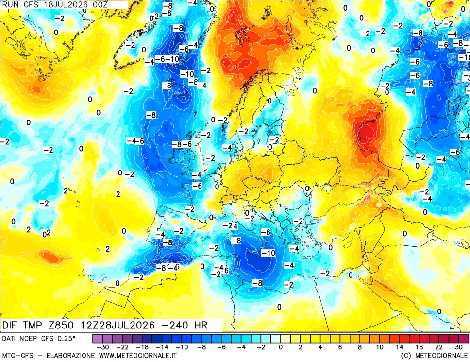 mappa Dif. Temp a 850 hPa Valid - Init