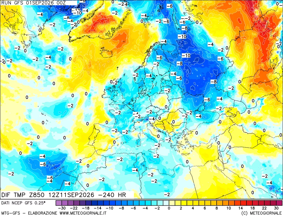 mappa Dif. Temp a 850 hPa Valid - Init