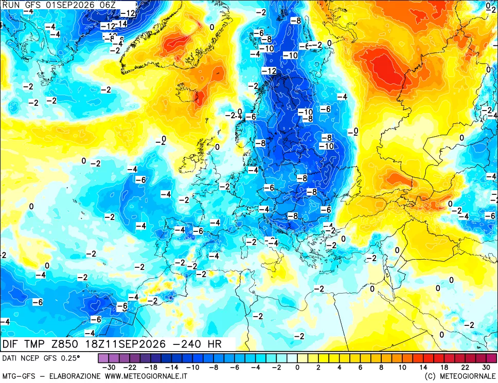 mappa Dif. Temp a 850 hPa Valid - Init