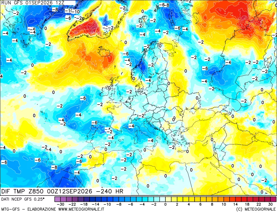 mappa Dif. Temp a 850 hPa Valid - Init