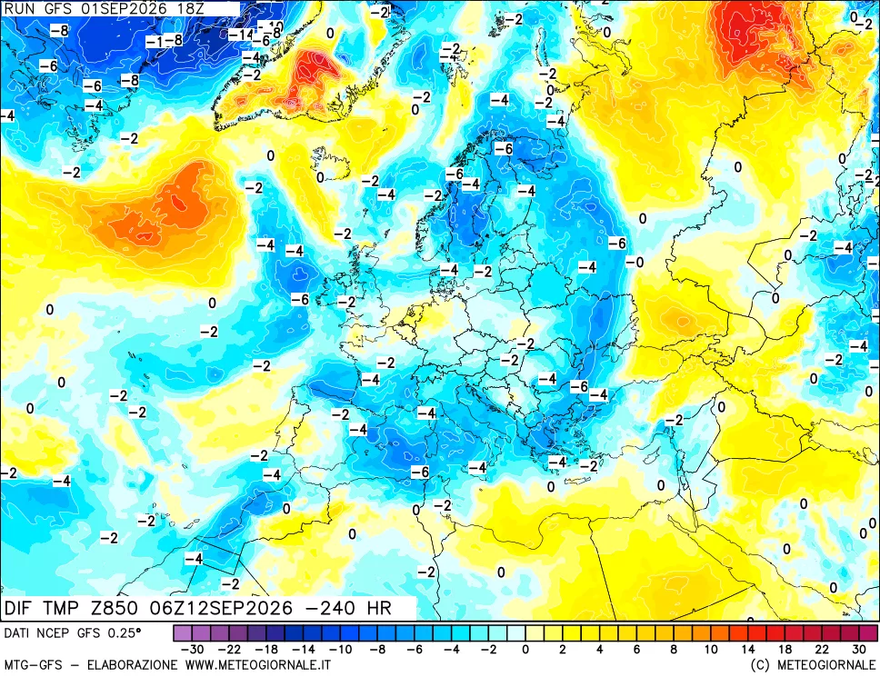 mappa Dif. Temp a 850 hPa Valid - Init