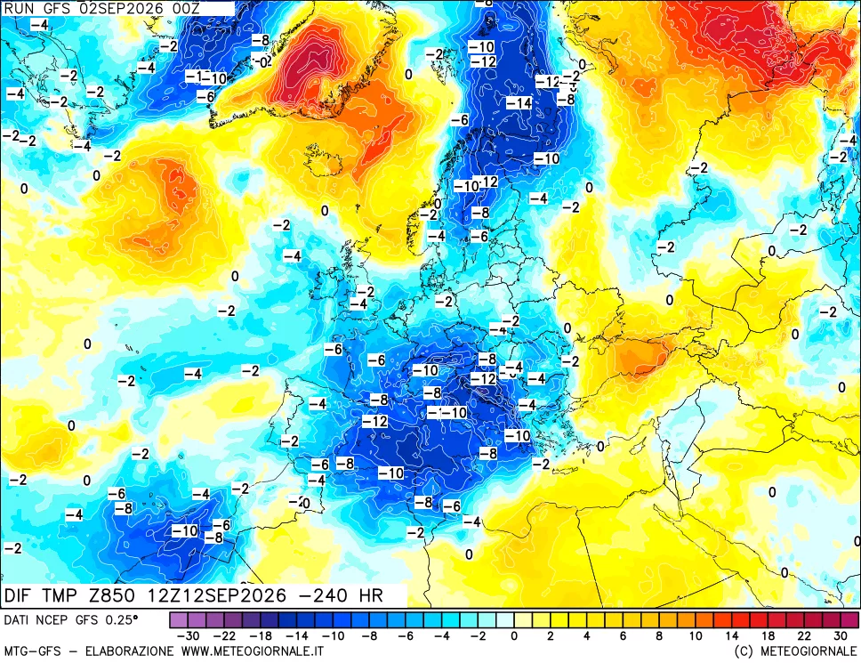 mappa Dif. Temp a 850 hPa Valid - Init
