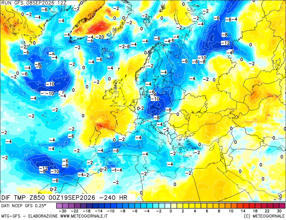 mappa Dif. Temp a 850 hPa Valid - Init