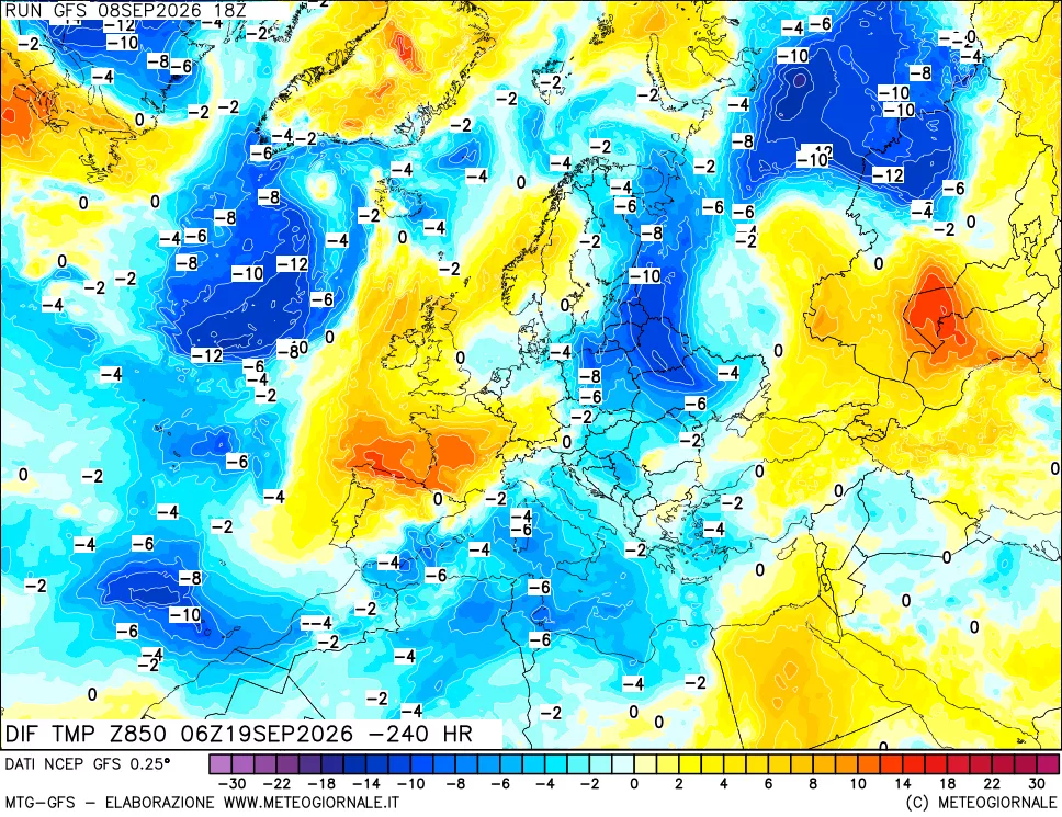 mappa Dif. Temp a 850 hPa Valid - Init