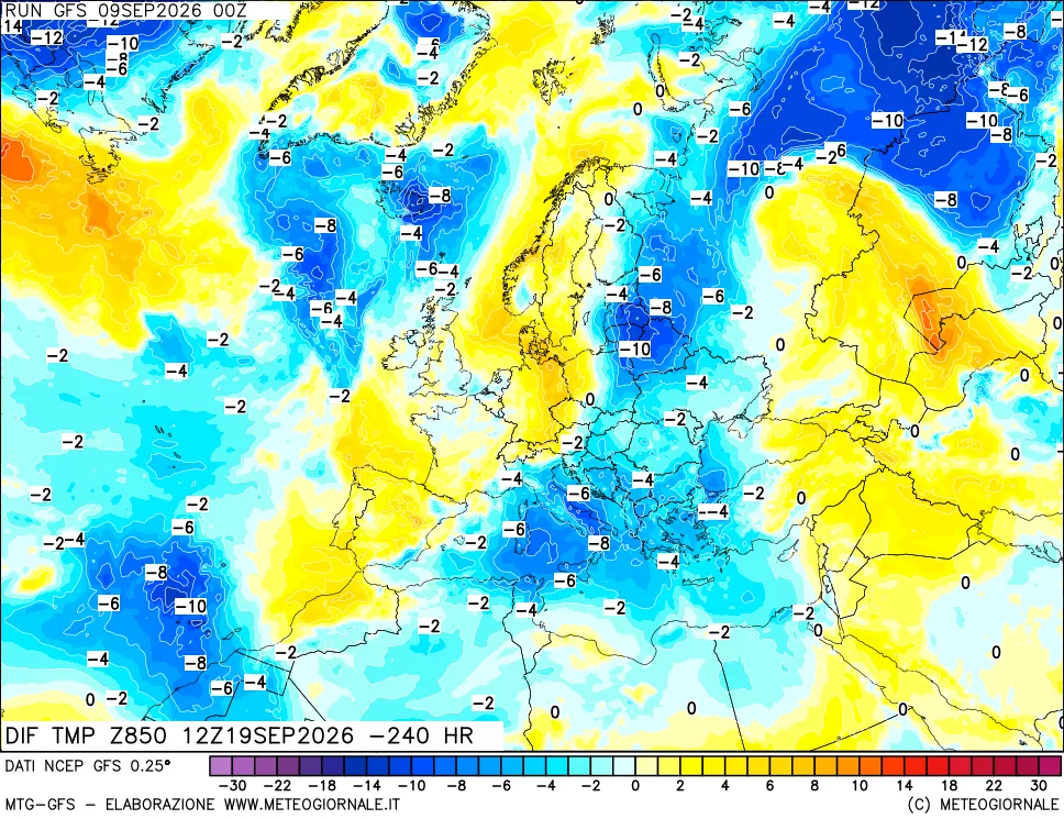 mappa Dif. Temp a 850 hPa Valid - Init