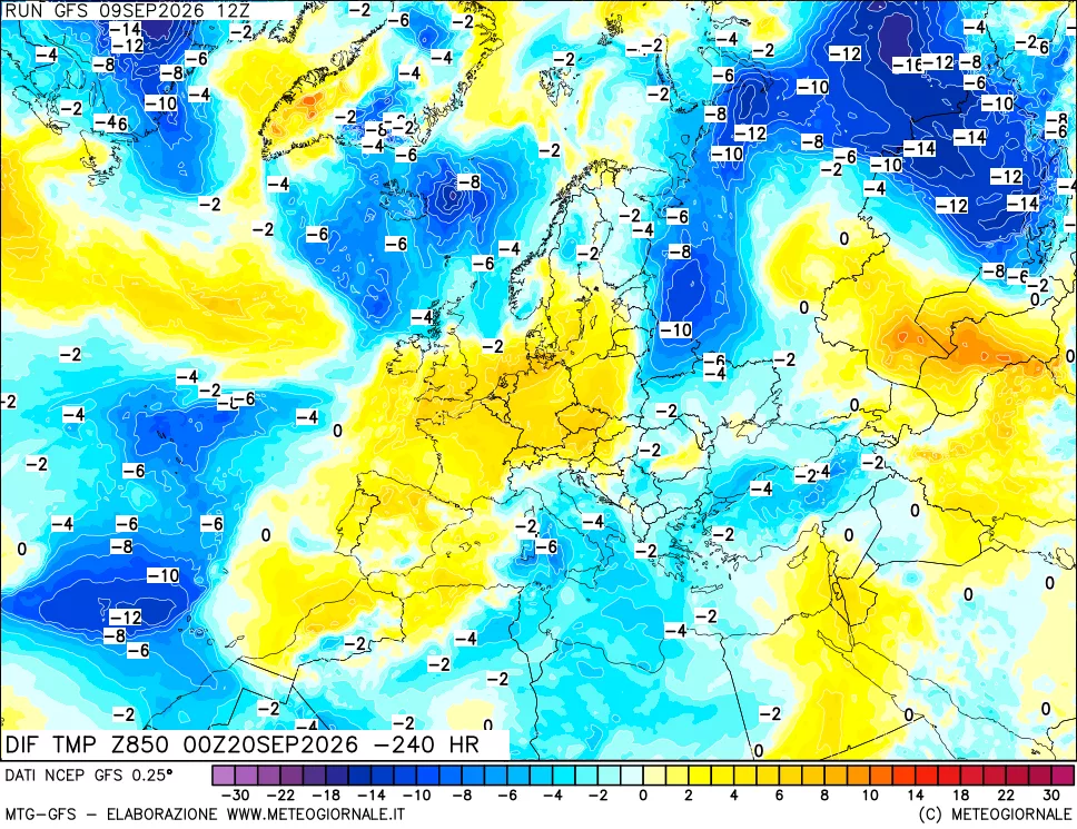 mappa Dif. Temp a 850 hPa Valid - Init