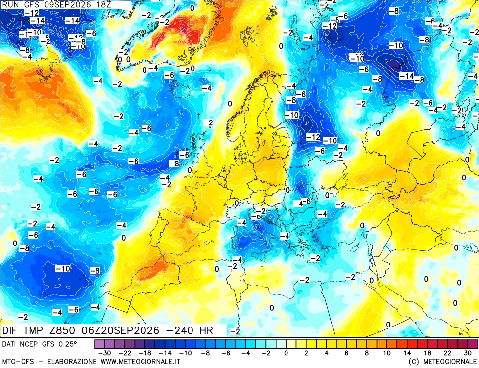 mappa Dif. Temp a 850 hPa Valid - Init