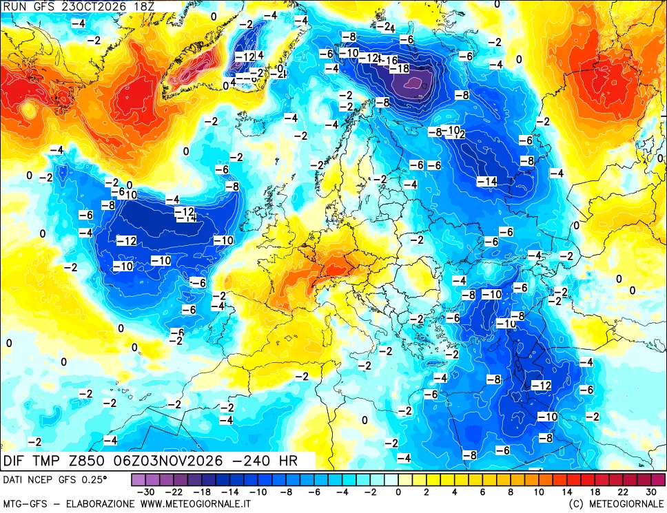 mappa Dif. Temp a 850 hPa Valid - Init