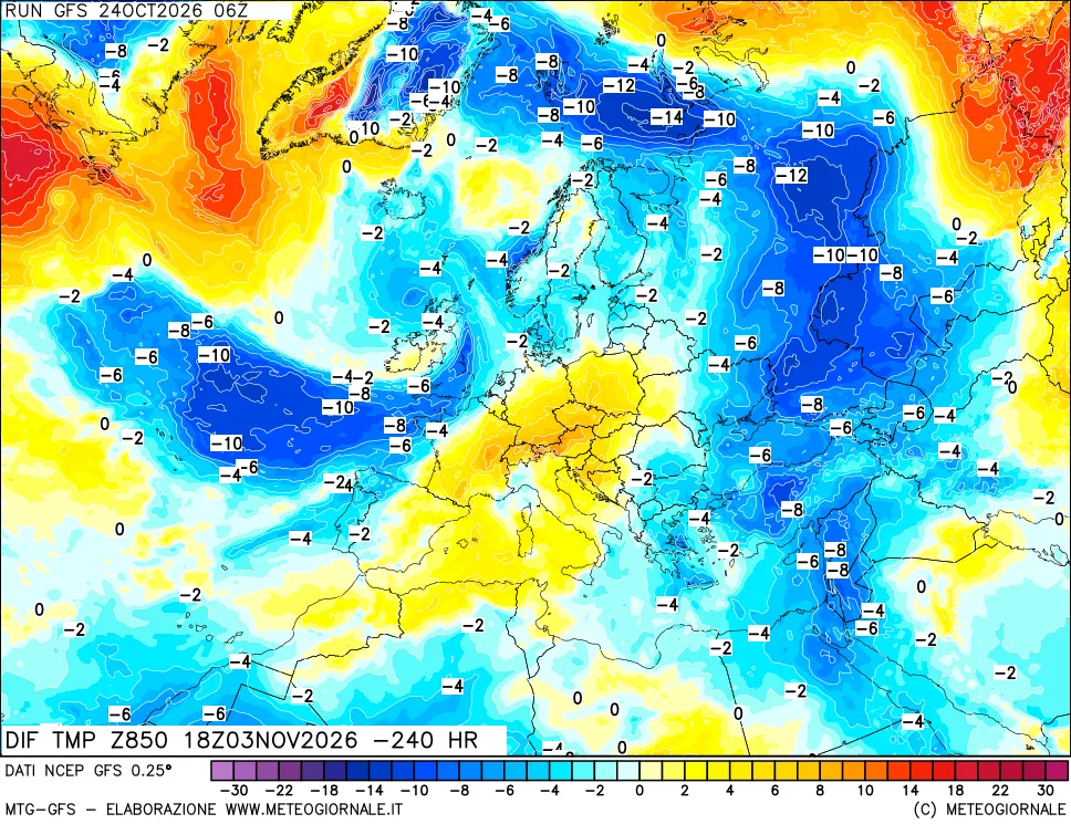 mappa Dif. Temp a 850 hPa Valid - Init