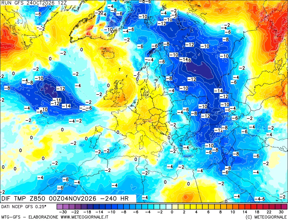 mappa Dif. Temp a 850 hPa Valid - Init