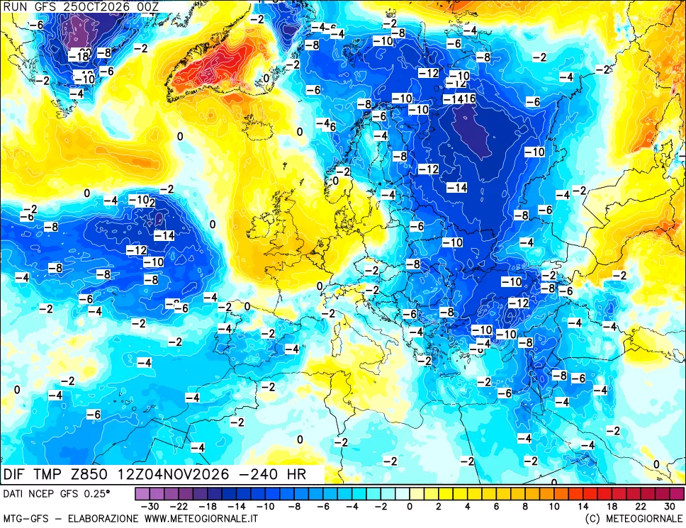 mappa Dif. Temp a 850 hPa Valid - Init