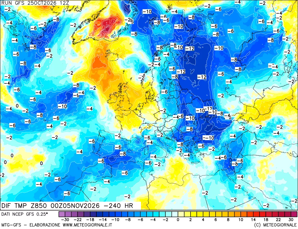 mappa Dif. Temp a 850 hPa Valid - Init