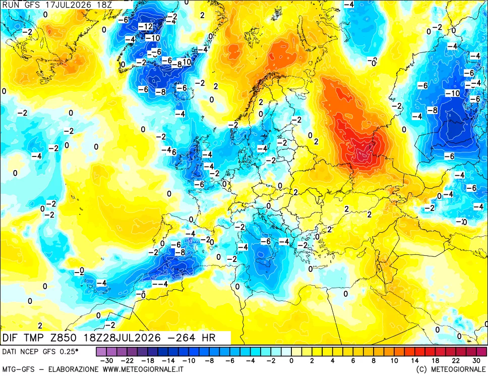 mappa Dif. Temp a 850 hPa Valid - Init