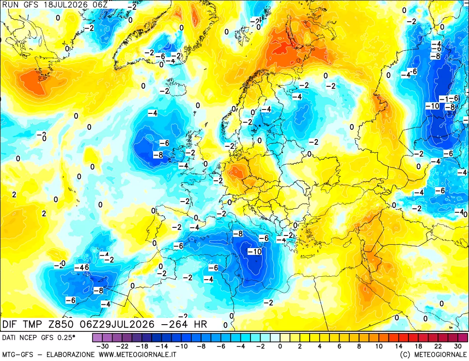 mappa Dif. Temp a 850 hPa Valid - Init