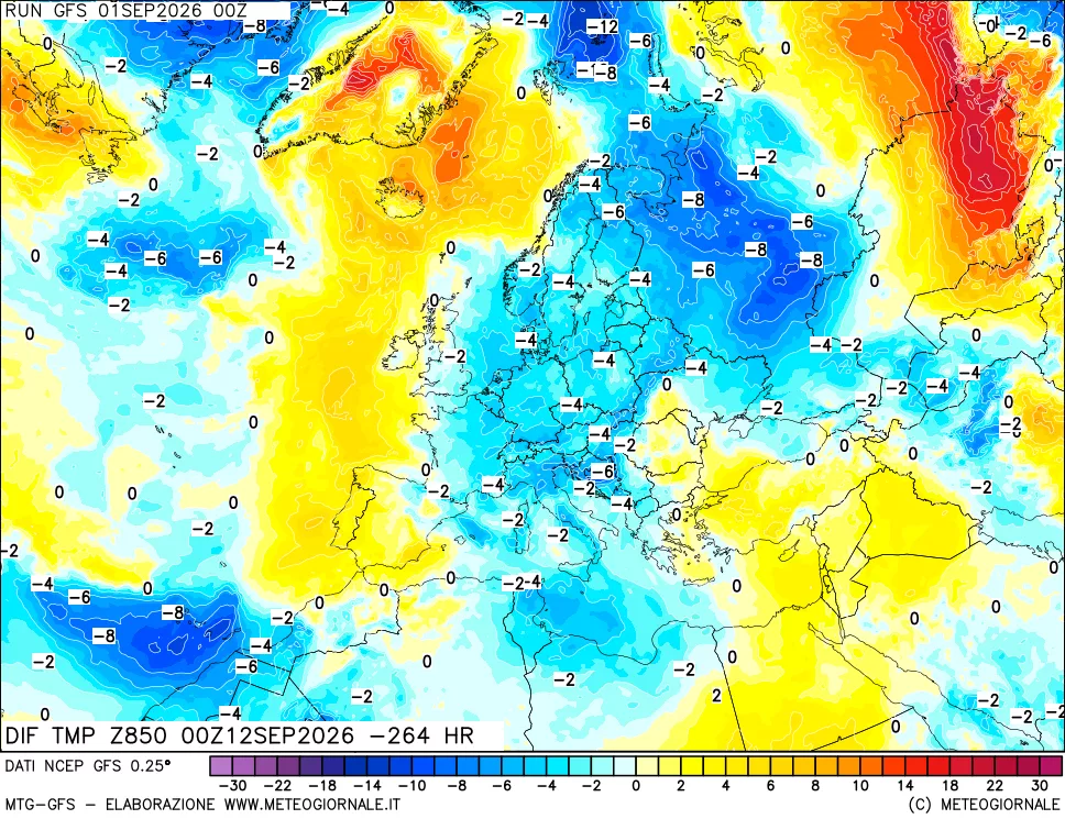 mappa Dif. Temp a 850 hPa Valid - Init