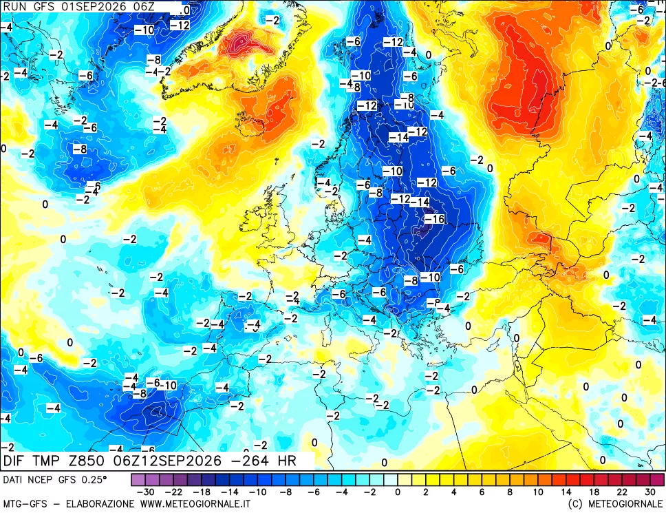 mappa Dif. Temp a 850 hPa Valid - Init