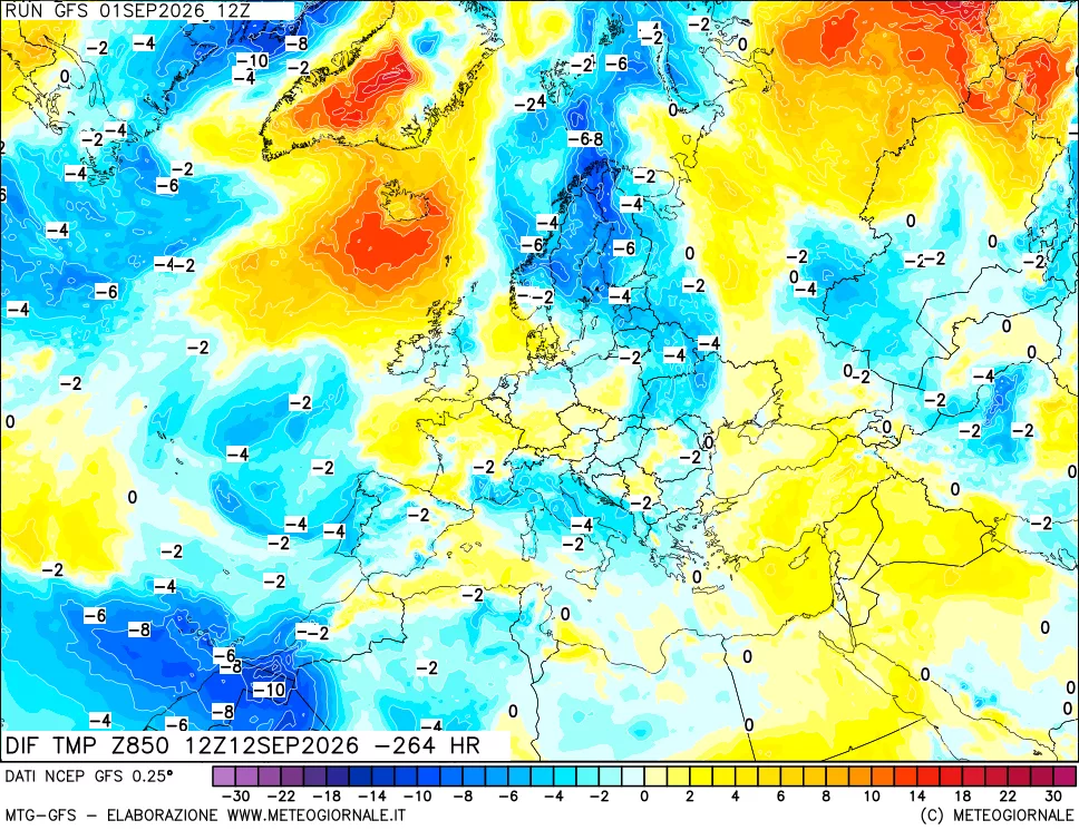 mappa Dif. Temp a 850 hPa Valid - Init