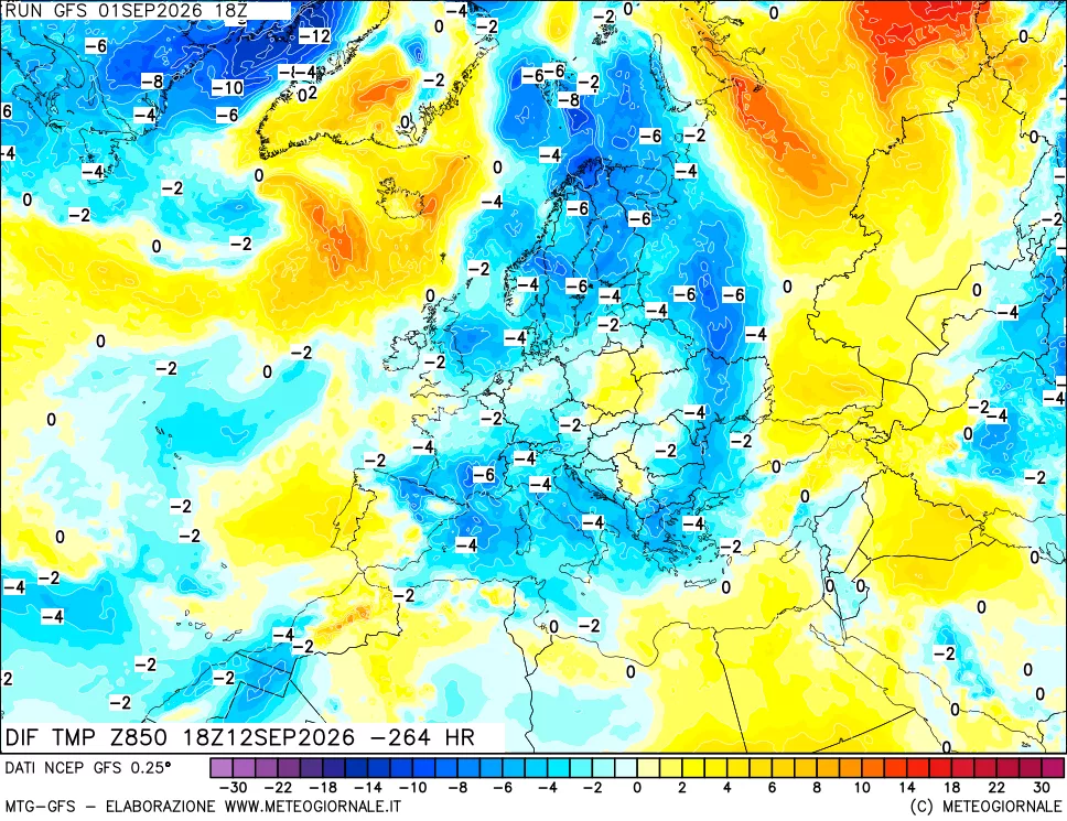 mappa Dif. Temp a 850 hPa Valid - Init
