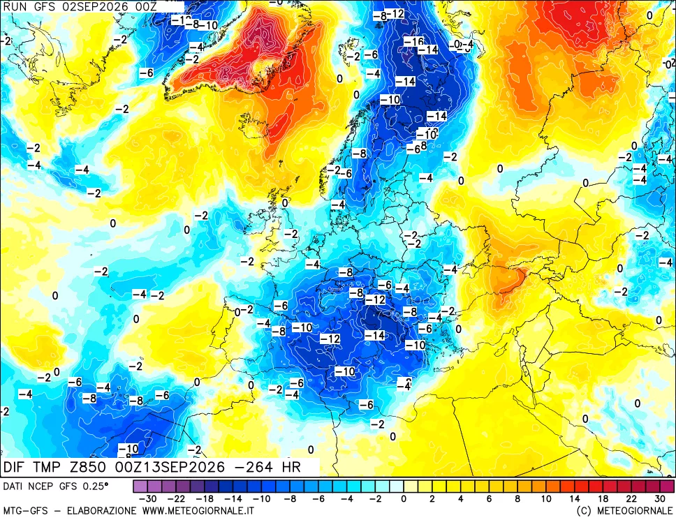 mappa Dif. Temp a 850 hPa Valid - Init