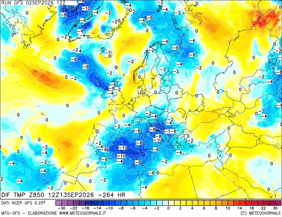 mappa Dif. Temp a 850 hPa Valid - Init