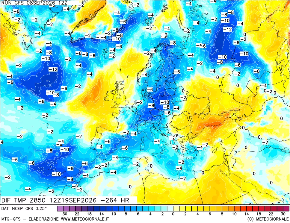 mappa Dif. Temp a 850 hPa Valid - Init