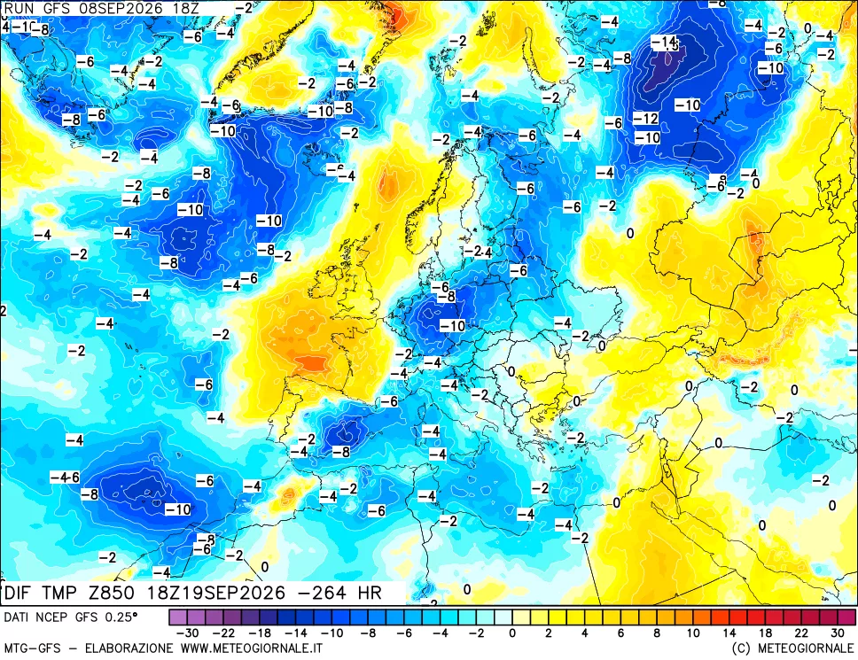 mappa Dif. Temp a 850 hPa Valid - Init