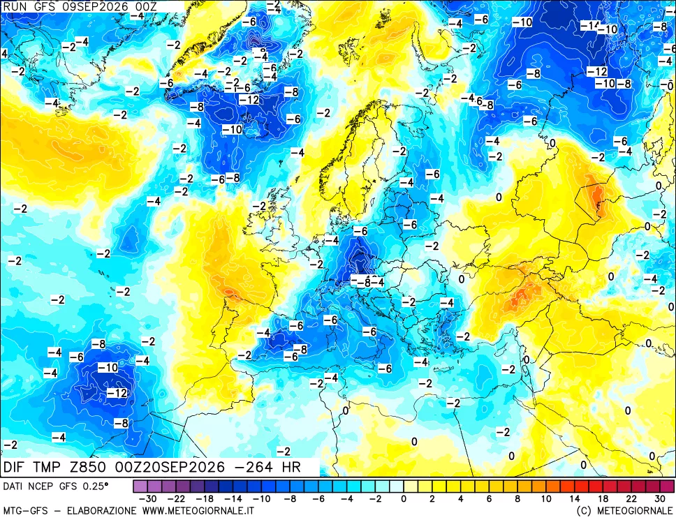 mappa Dif. Temp a 850 hPa Valid - Init
