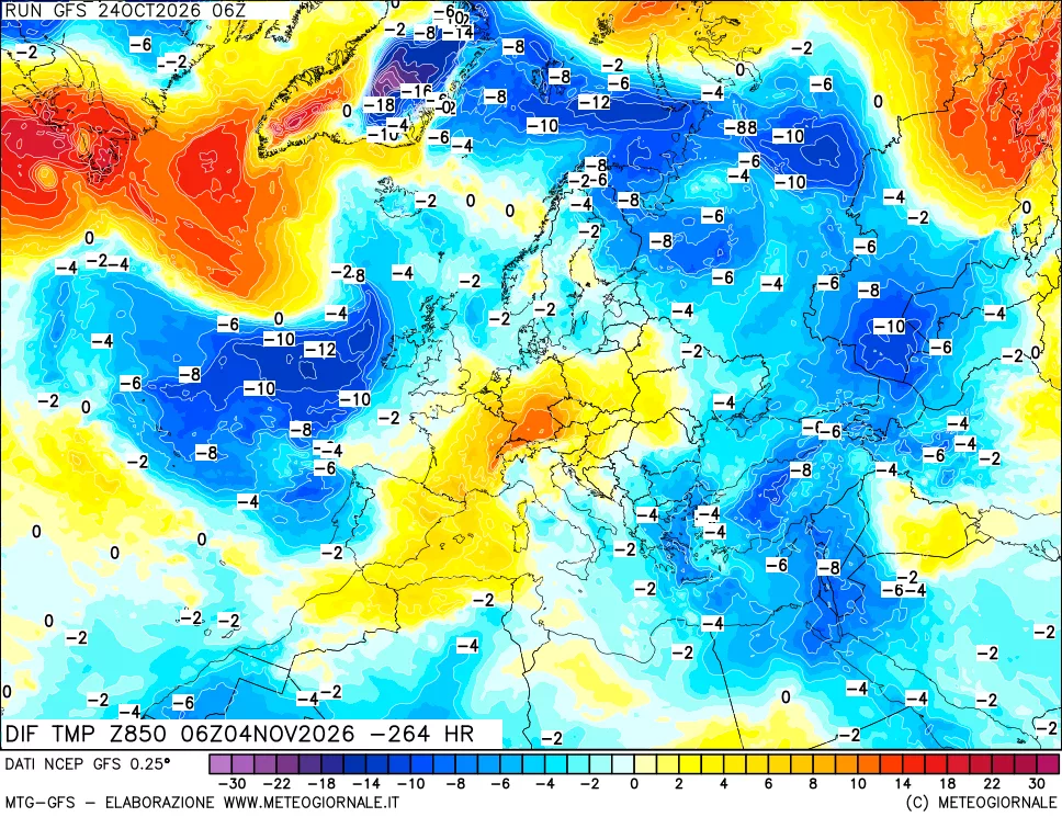 mappa Dif. Temp a 850 hPa Valid - Init