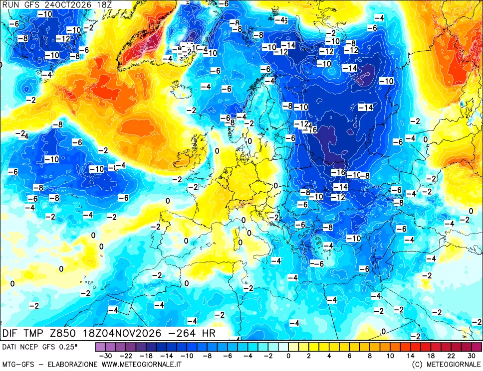 mappa Dif. Temp a 850 hPa Valid - Init