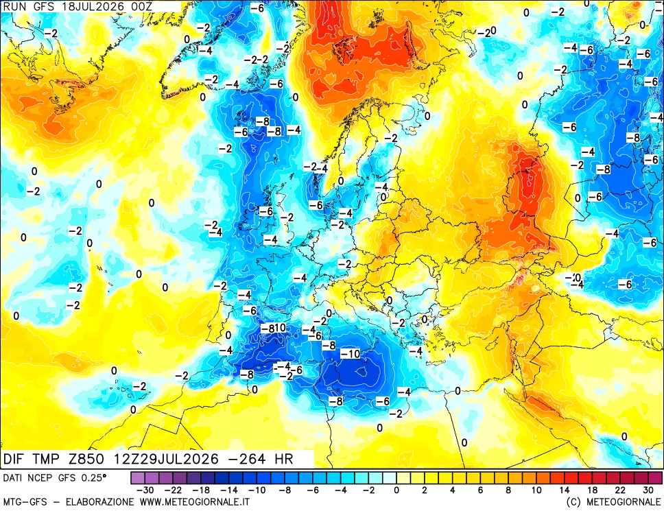 mappa Dif. Temp a 850 hPa Valid - Init