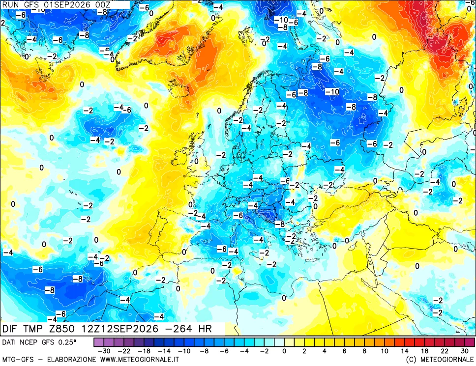 mappa Dif. Temp a 850 hPa Valid - Init