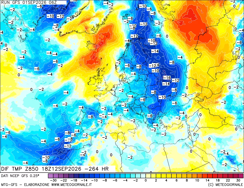 mappa Dif. Temp a 850 hPa Valid - Init