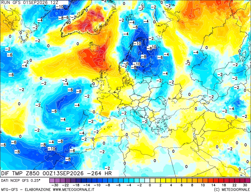 mappa Dif. Temp a 850 hPa Valid - Init