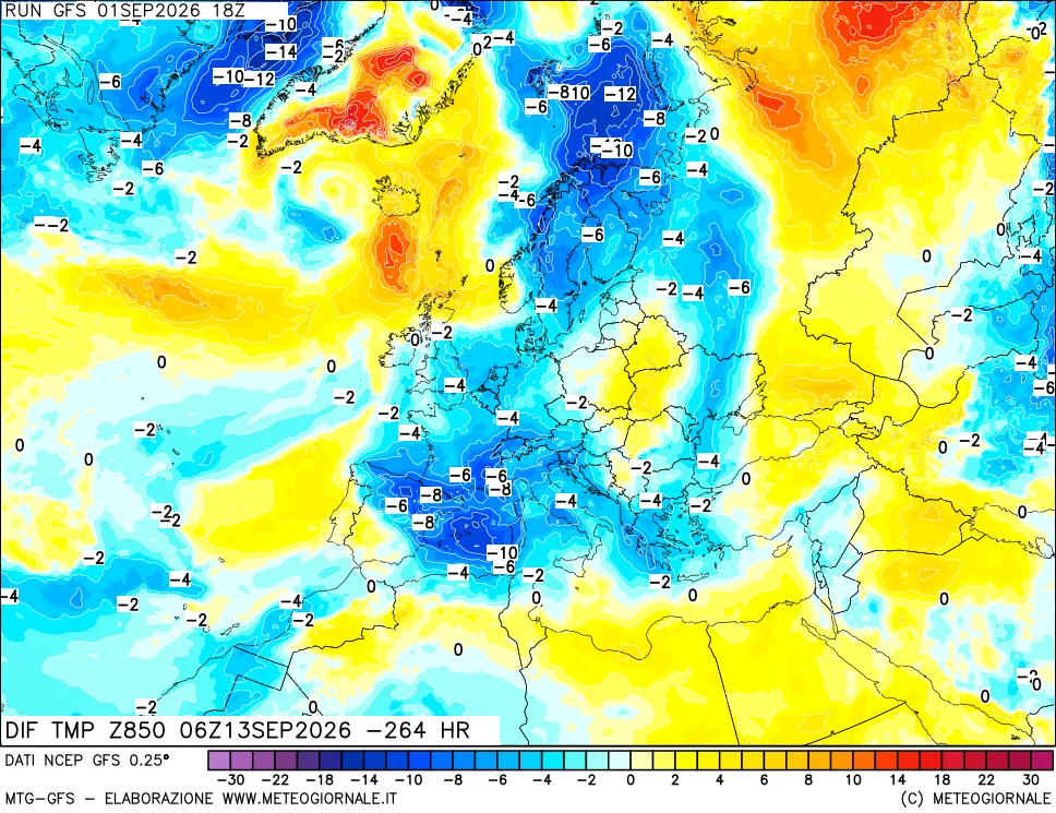 mappa Dif. Temp a 850 hPa Valid - Init