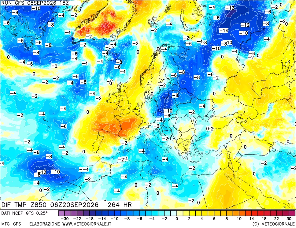 mappa Dif. Temp a 850 hPa Valid - Init