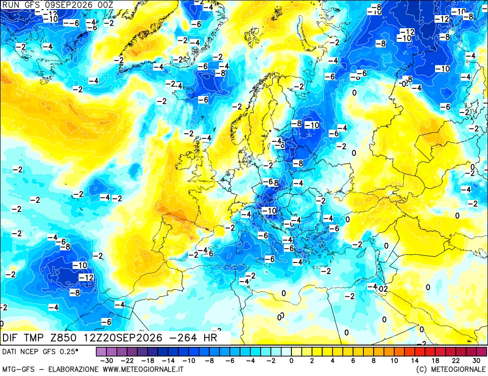 mappa Dif. Temp a 850 hPa Valid - Init