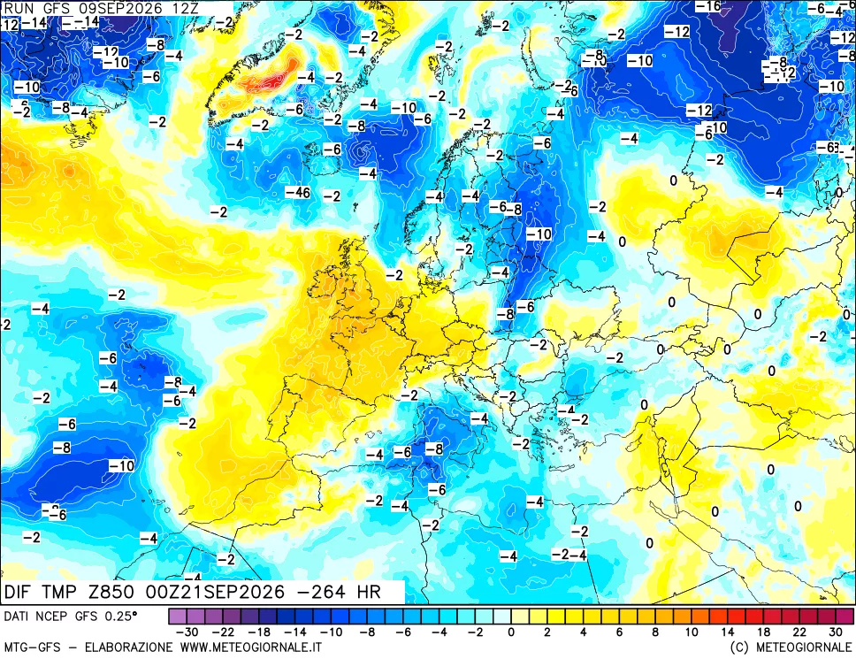 mappa Dif. Temp a 850 hPa Valid - Init