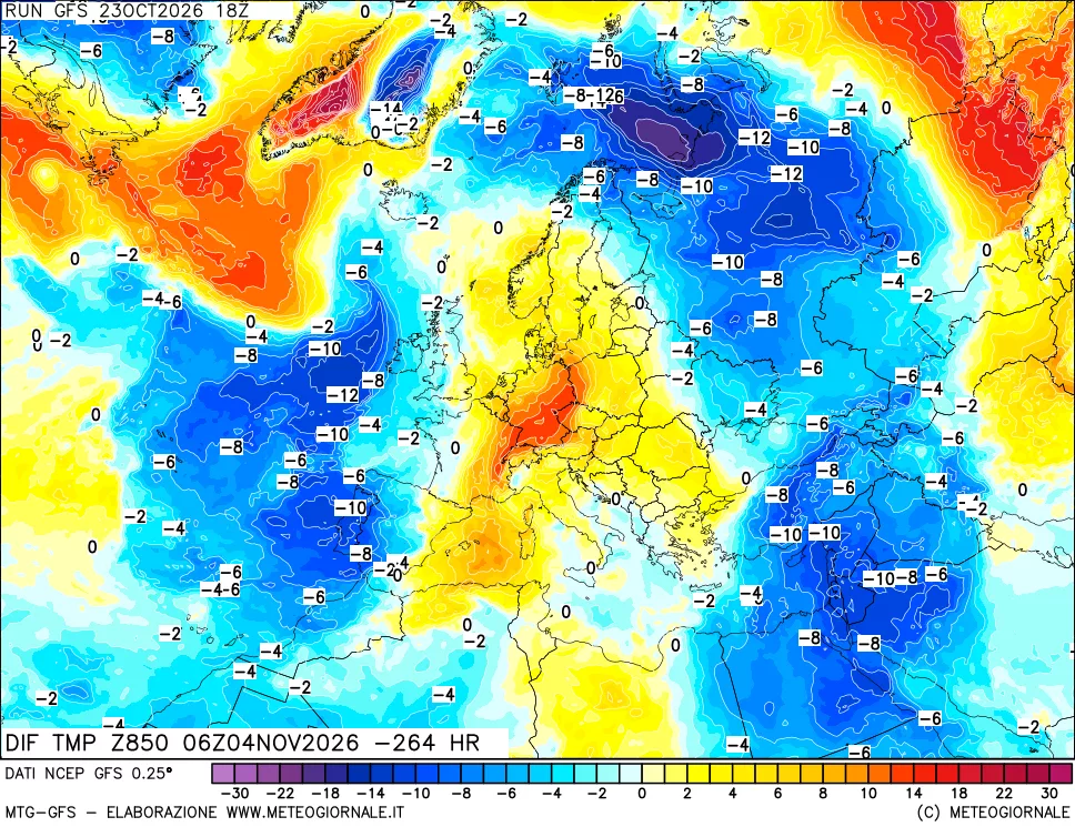 mappa Dif. Temp a 850 hPa Valid - Init