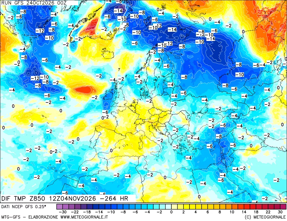 mappa Dif. Temp a 850 hPa Valid - Init