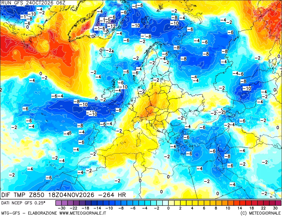 mappa Dif. Temp a 850 hPa Valid - Init